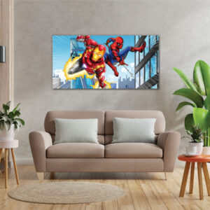 Ironman and spiderman flying at avengers tower | canvas painting