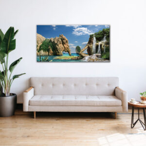 Men statue sitting under the water falls wall art | canvas-painting