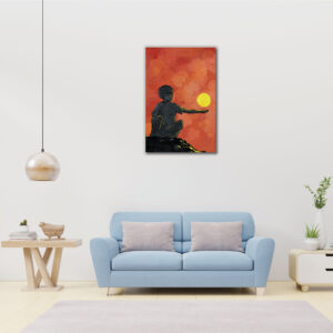 A boy holds the sunset on evening art design painting